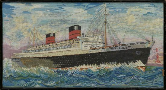 (CUNARD LINE.) Queen Elizabeth. Needlepoint portrait of the ship,
